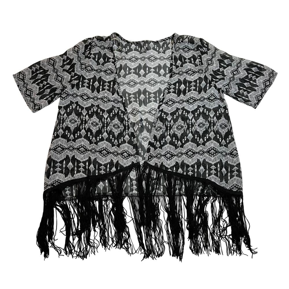 Women's Open Front Boho Print Kimono w/ Fringe Trim Size Small Festival Casual